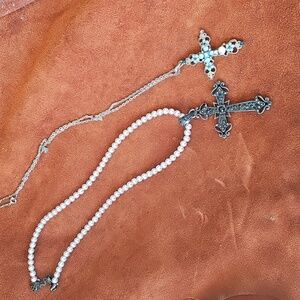 2 Ornate Cross Pendants With Pearl Beaded Necklace And 16" Chain Costume Well Ma